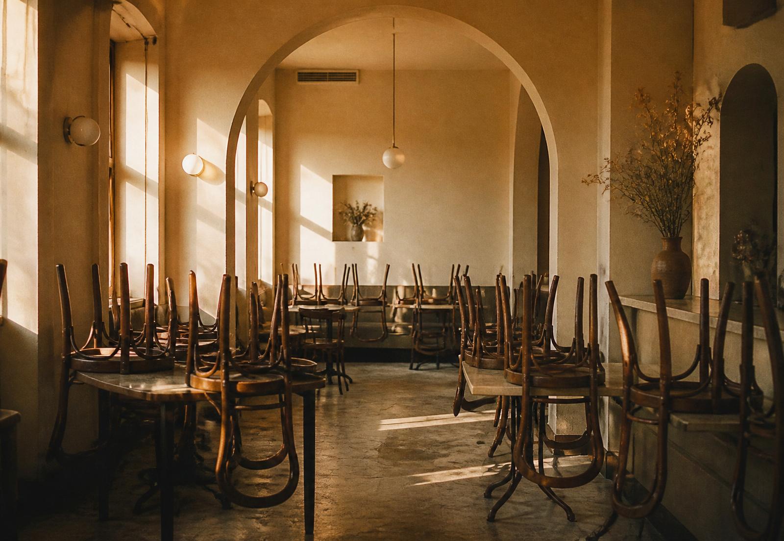 Salle de café fermée en fin de journée